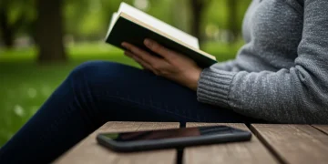 Person enjoying nature, reading a book, phone ignored