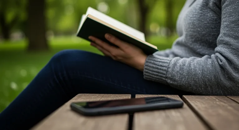 Person enjoying nature, reading a book, phone ignored