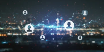 Futuristic digital identity network with interconnected personas and data streams