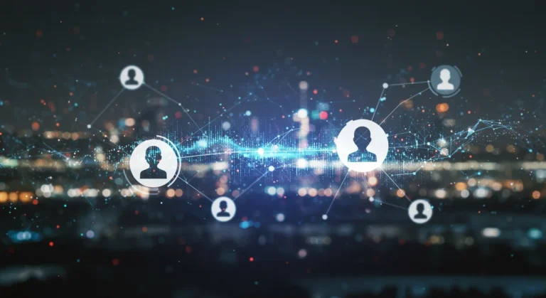 Futuristic digital identity network with interconnected personas and data streams