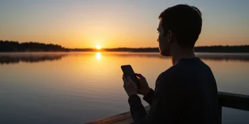 Serene person by lake, phone in hand, symbolizing digital well-being