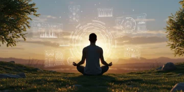 Futuristic digital wellness scene with person meditating amidst holographic interfaces