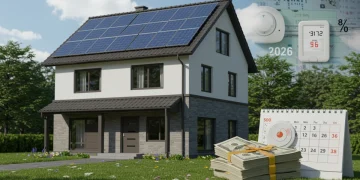 Energy-efficient home with solar panels and smart thermostat, representing 2026 tax credit savings.