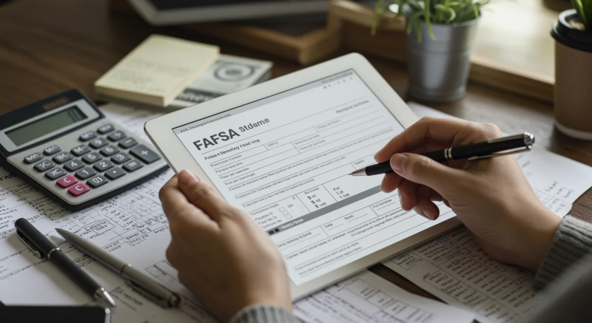Person filling out FAFSA form on a tablet, emphasizing the application process.