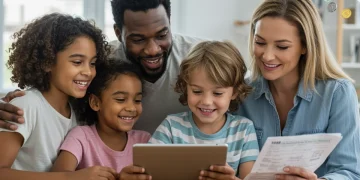 Family reviewing Child Tax Credit information on a tablet