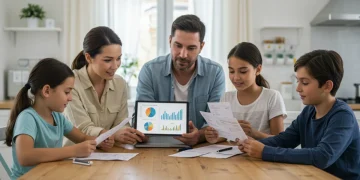 Family using digital tools to manage finances and reduce household spending during inflation.