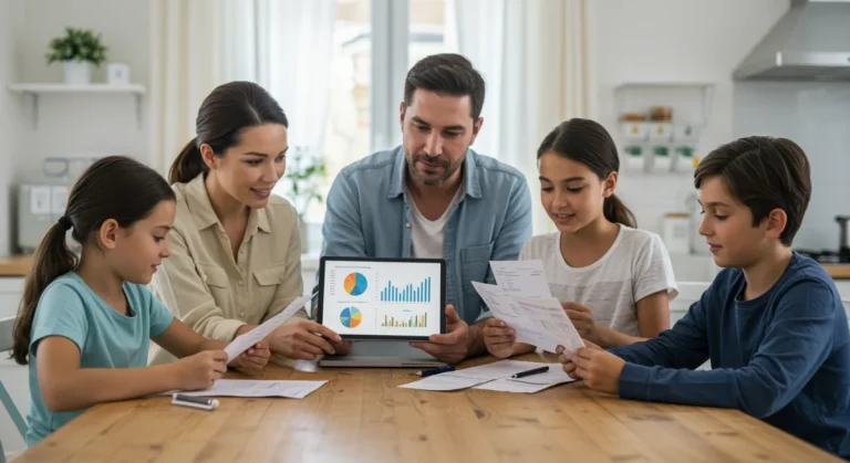 Family using digital tools to manage finances and reduce household spending during inflation.