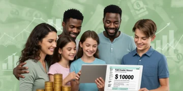 Family smiling, looking at tablet with tax forms and large refund amount