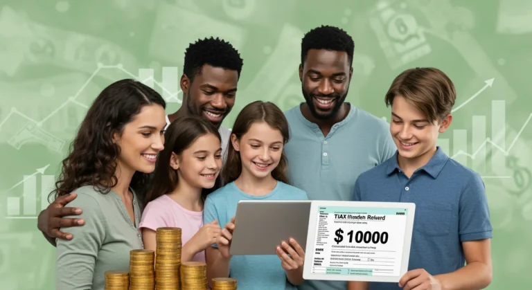 Family smiling, looking at tablet with tax forms and large refund amount