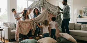 Family building a fort together, laughing and connecting without screens