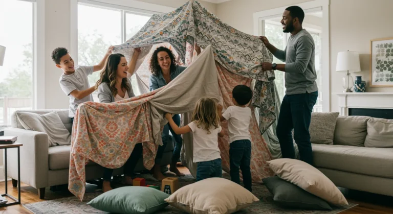 Family building a fort together, laughing and connecting without screens