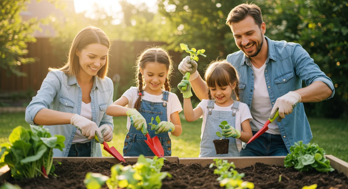 Family gardening together, planting vegetables and enjoying nature