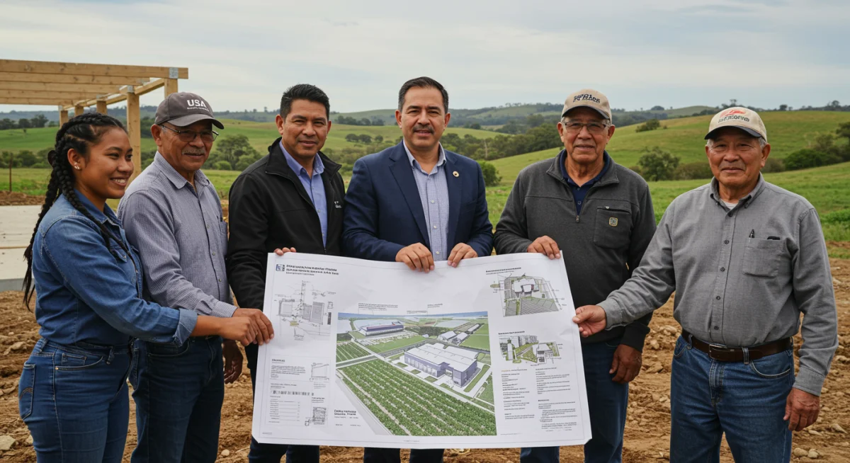 Farmers and USDA officials collaborating on a rural development project plan.