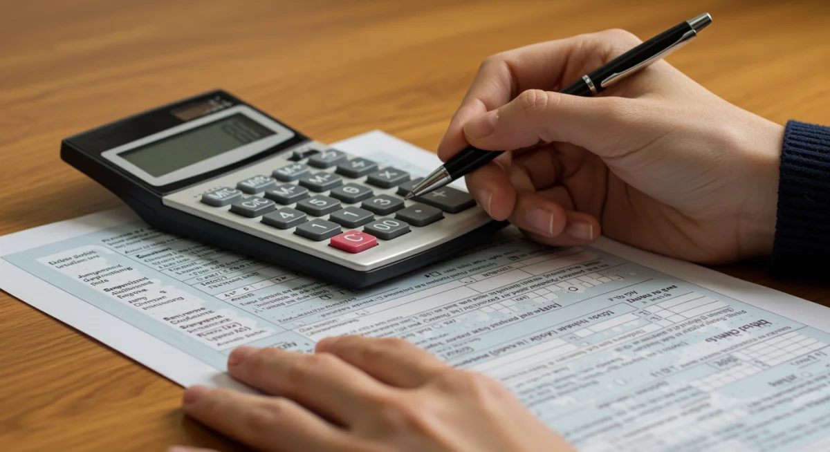 Hand filling out tax form with calculator and pen on desk