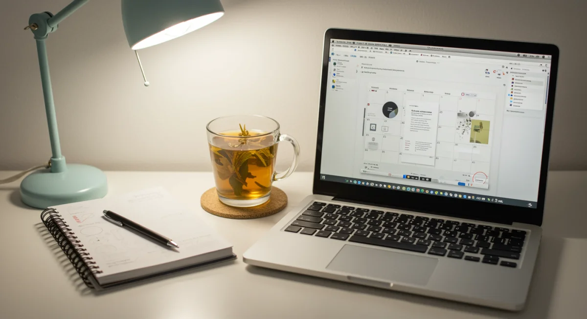 Organized desk with planner, tea, and minimalist laptop interface