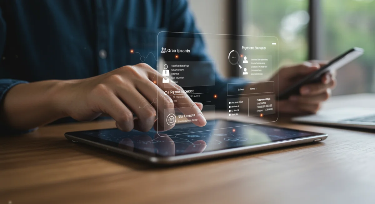 Freelancer's hand using a tablet for project management on a gig platform.