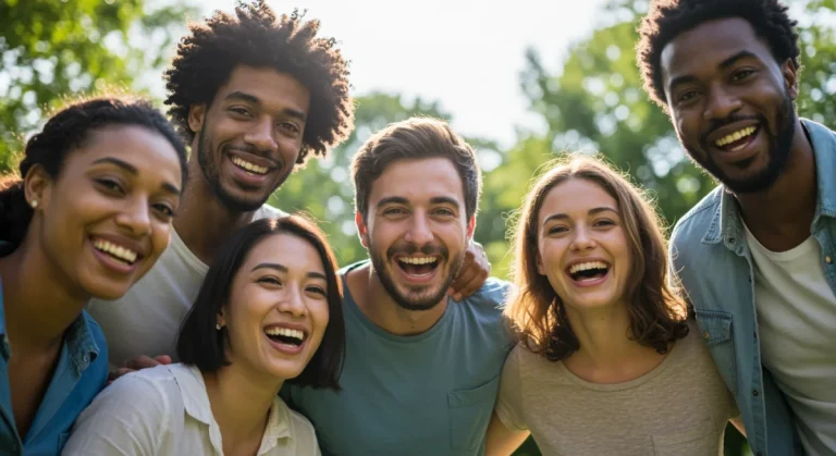 Diverse group of friends laughing together in a park, symbolizing strong social bonds and happiness.