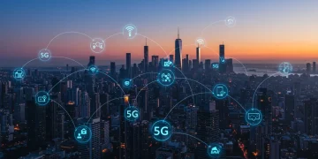 Futuristic cityscape with 5G network connecting diverse digital devices