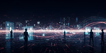 Futuristic data economy cityscape with glowing streams and digital privacy shields