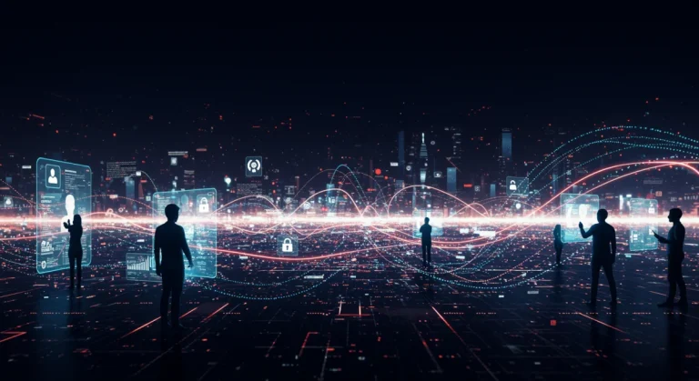 Futuristic data economy cityscape with glowing streams and digital privacy shields