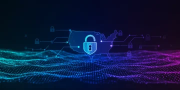 Futuristic digital lock protecting data streams, representing cybersecurity in 2026 for U.S. users.