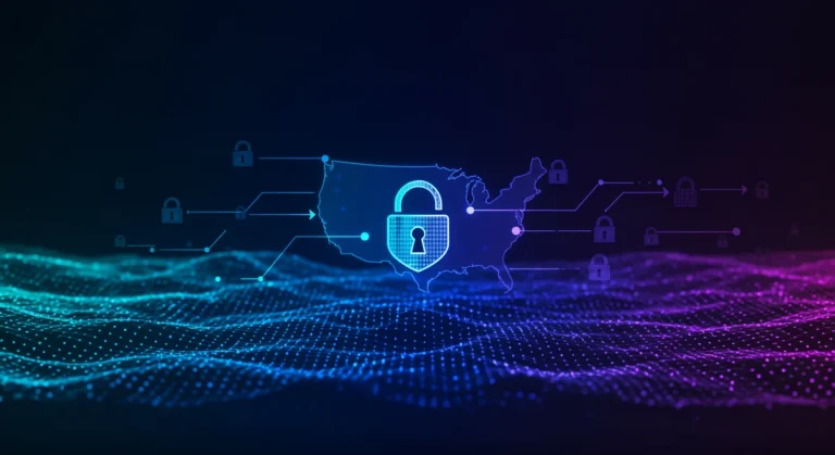 Futuristic digital lock protecting data streams, representing cybersecurity in 2026 for U.S. users.