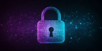 Futuristic digital padlock with glowing circuits, symbolizing advanced digital security.