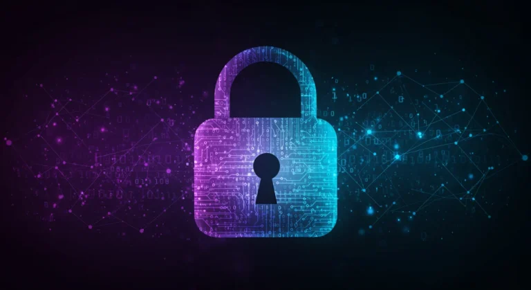 Futuristic digital padlock with glowing circuits, symbolizing advanced digital security.