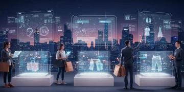 Futuristic digital shopping experience with AI and holographic displays in a US city
