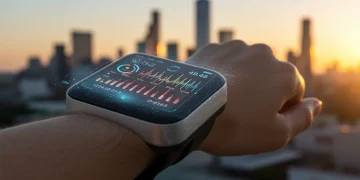 Futuristic health wearable displaying biometric data on a wrist in a US urban setting.