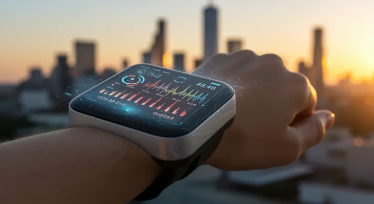 Futuristic health wearable displaying biometric data on a wrist in a US urban setting.