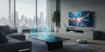 Futuristic smart home living room with integrated AI and digital interfaces