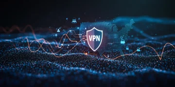 Futuristic digital shield protecting data flow across a U.S. map, representing advanced VPN technology for 2026.