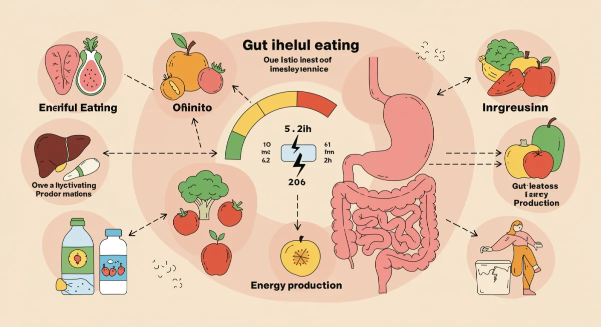 Infographic showing gut health, mindful eating, and energy connection