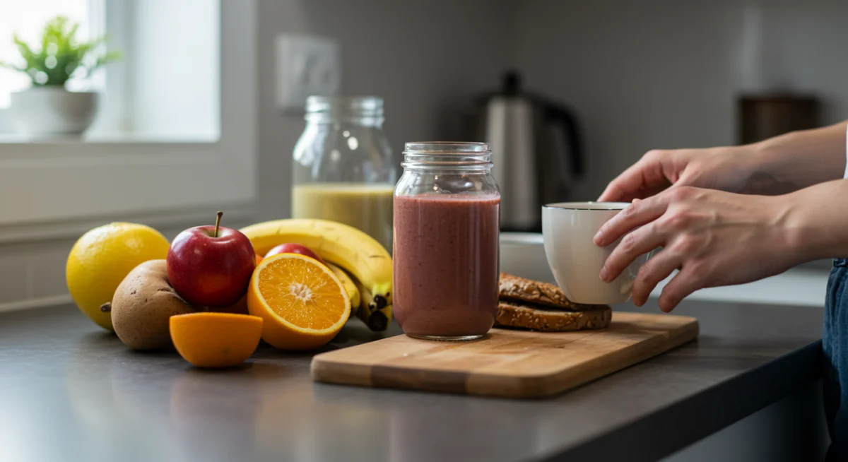 Person preparing a healthy breakfast with fruits and a smoothie, emphasizing nutritious morning fuel.