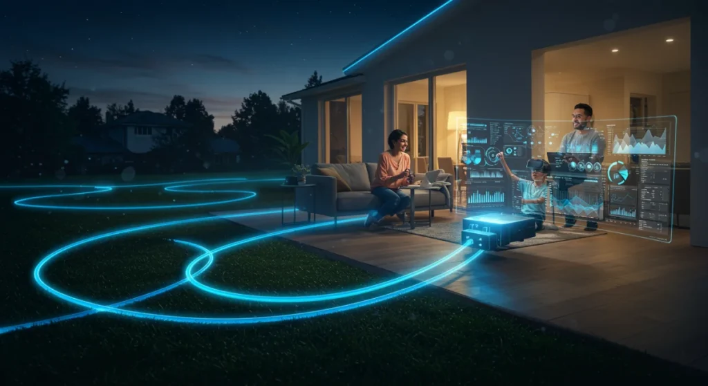 Family enjoying ultra-fast home internet, fiber optic cables glowing