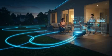 Family enjoying ultra-fast home internet, fiber optic cables glowing