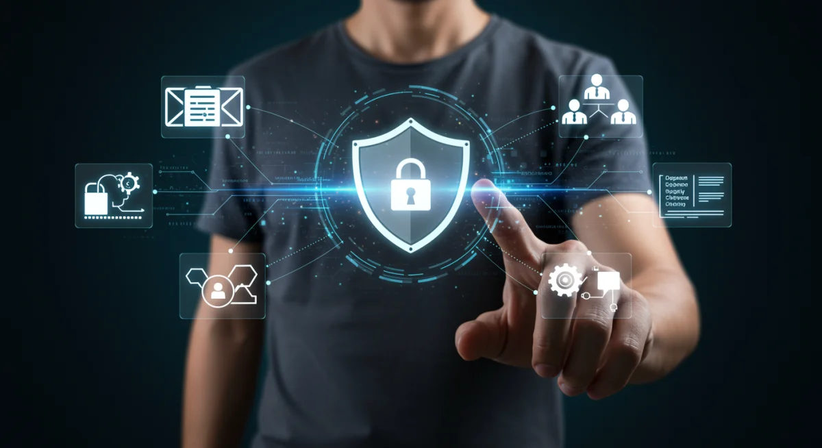 Person interacting with holographic interface showing multiple cybersecurity attack vectors and a protective shield.