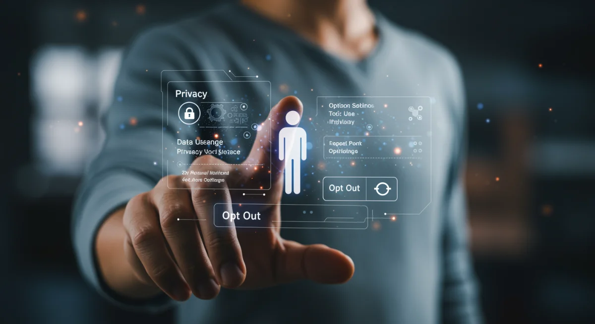 Hand selecting 'Opt Out' on a holographic privacy settings interface