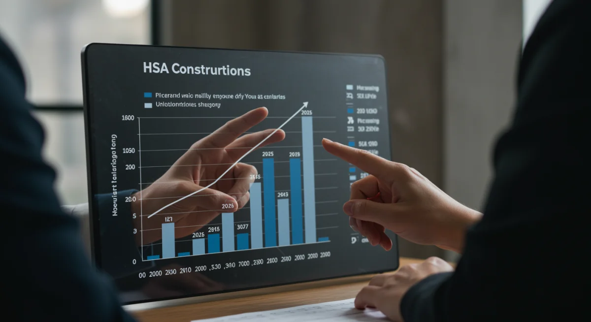 Financial advisor explaining increasing HSA contribution limits on a digital screen to a client.