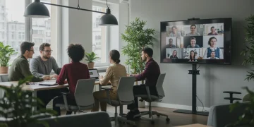 Hybrid work environment with in-office and remote employees collaborating