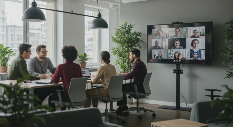 Hybrid work environment with in-office and remote employees collaborating