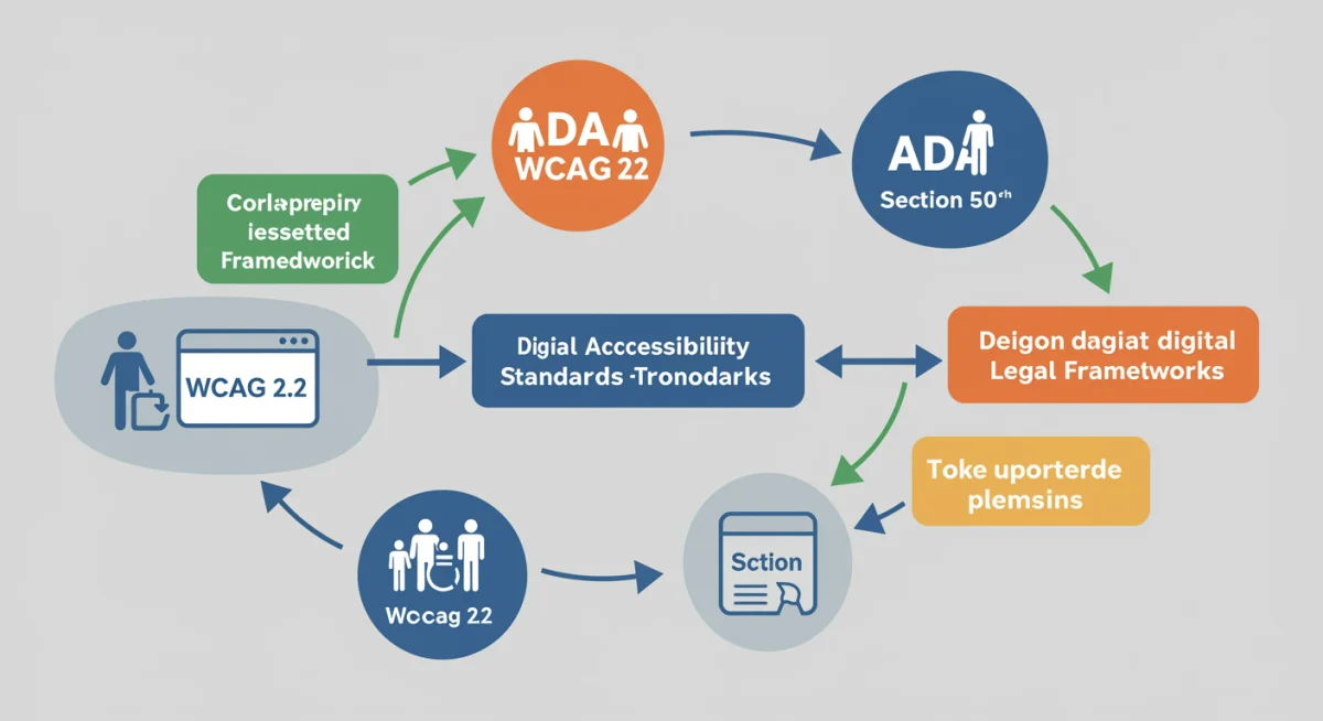 Infographic illustrating the interconnectedness of WCAG, ADA, and Section 508 digital accessibility standards.