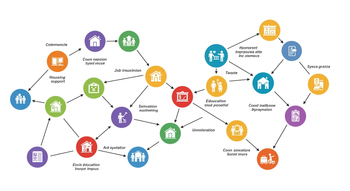 Interconnected community services network diagram showcasing collaborative social impact.