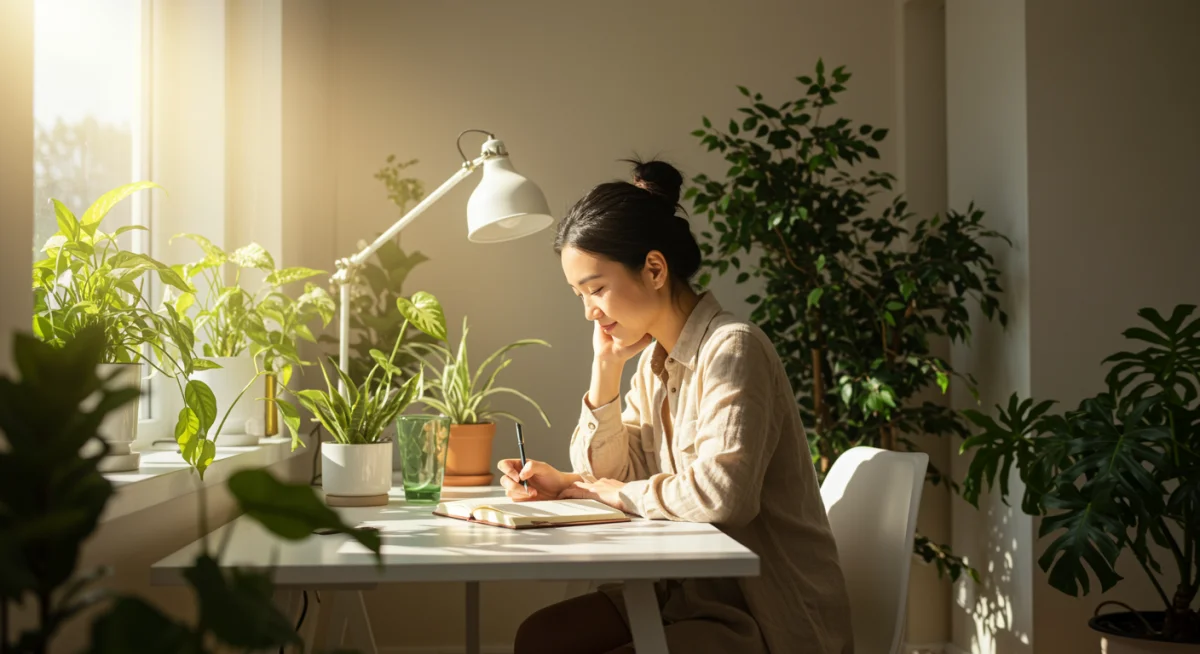 Person writing in a journal in a peaceful home office with plants