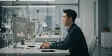 Person calmly managing digital devices at a desk, maintaining focus amidst technology