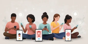 People using mental wellness apps on smartphones, depicting digital serenity and progress.
