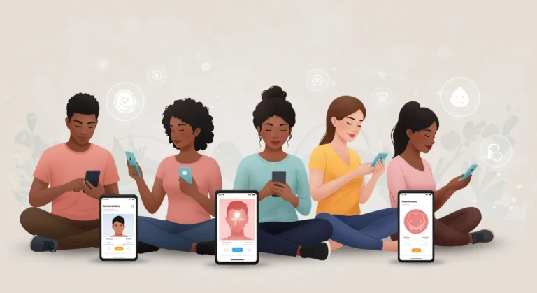 People using mental wellness apps on smartphones, depicting digital serenity and progress.