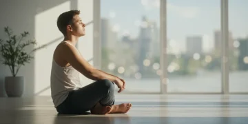 Person practicing mindful breathing in a serene 2026 setting