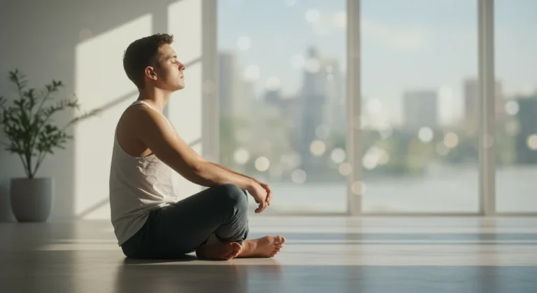 Person practicing mindful breathing in a serene 2026 setting